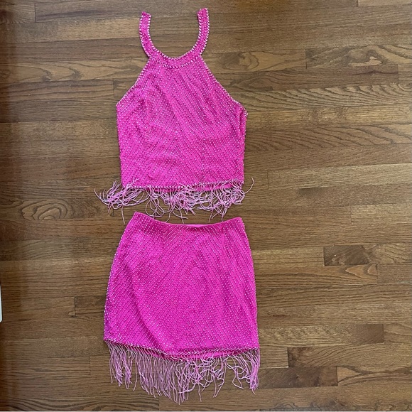 Cache Skirts Vintage Cach Pink Silk Bugle Bead Skirt Set Poshmark